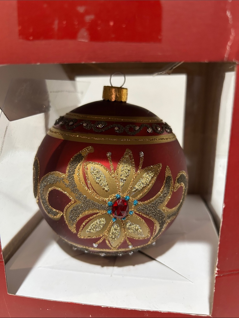 MCM Silvestri glass handcrafted Christmas ornament, gold filigree & rhinestones
